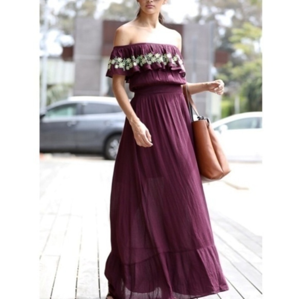 Purple Maxi Dress Garden Party Embroidered On Off Shoulder Dress